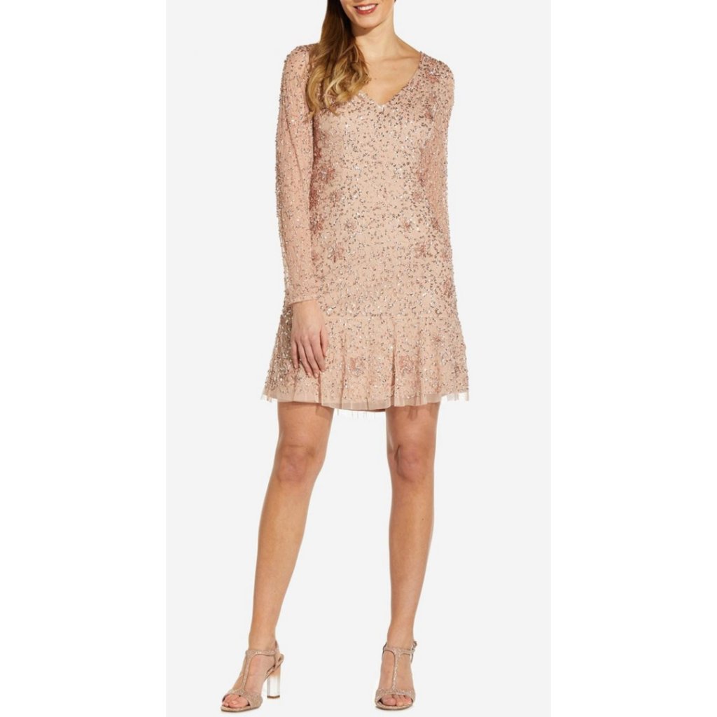Adrianna Papell Womens V-Neck Mini Beaded Cocktail And Party Dress(Ap1e208670)